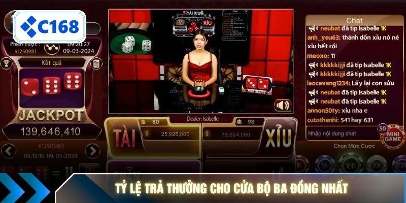 Tỷ lệ trả thưởng cho cửa bộ ba đồng nhất